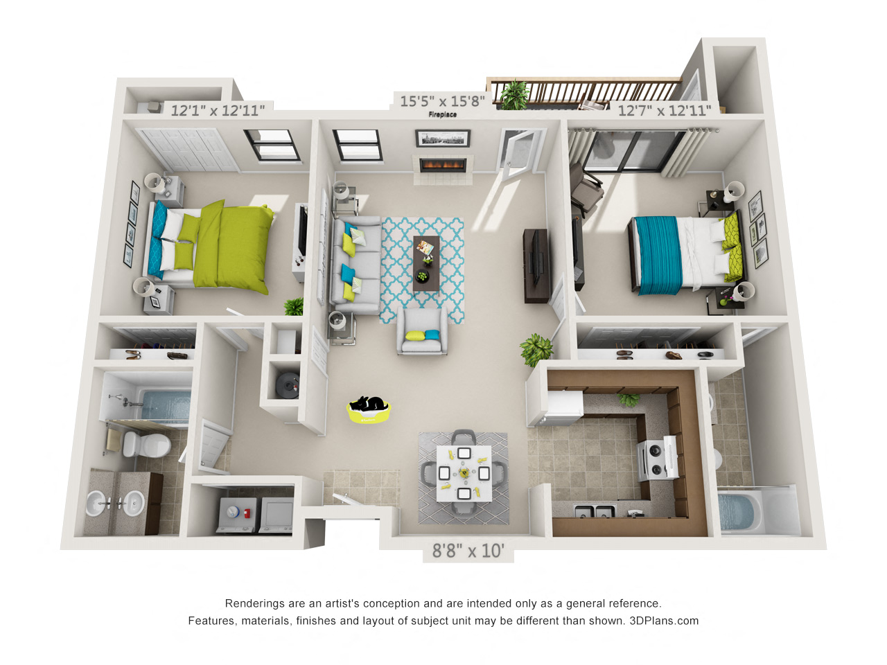 Floor plan for 2 beds, 2 baths, 884 sqft